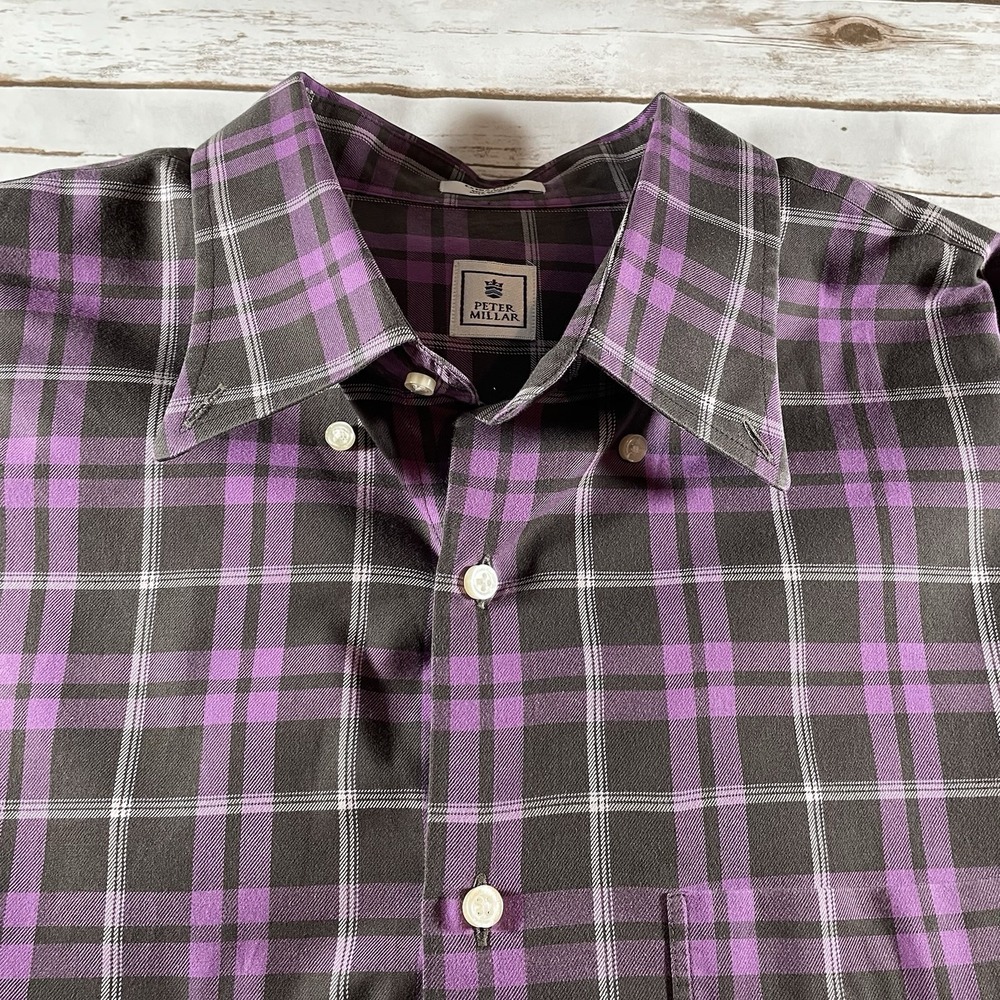 Peter Millar Mens Purple & Brown Plaid Cotton Long Sleeve Button-Up‎ Shirt XL